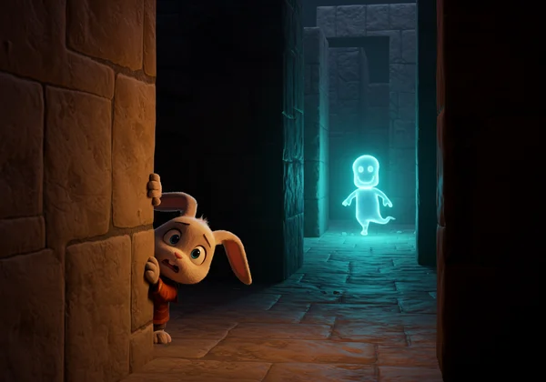 Bunny hiding from a ghost in a maze level