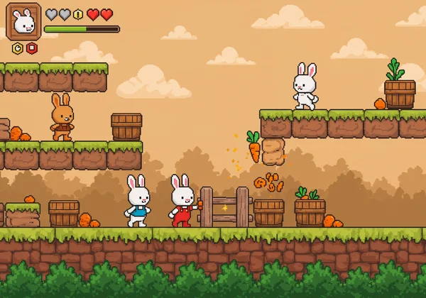 Two Poor Bunny characters cooperating in a 2-player level.