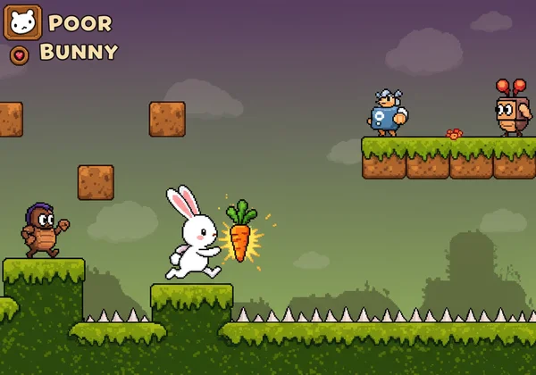 Cute bunny platformer gameplay with carrots and spikes.