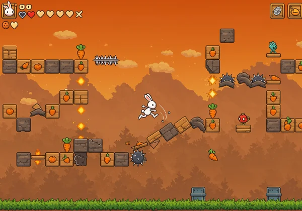 Bunny expertly avoiding spikes and enemies on a complex level.
