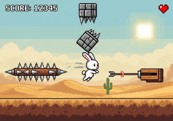 Poor Bunny avoiding various common game traps.