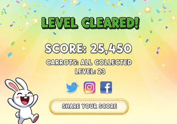 Poor Bunny end-of-level screen with a share option.
