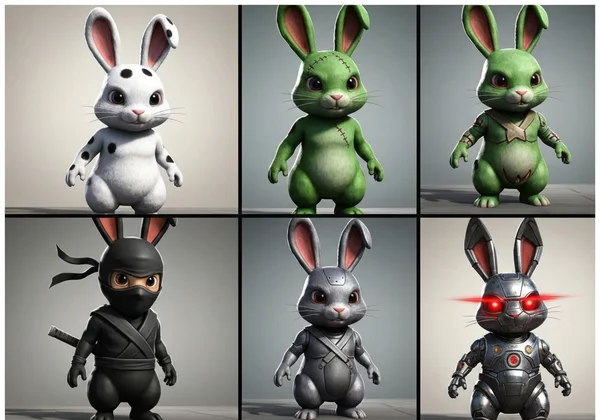 Collage of Poor Bunny skins: spotted, zombie, ninja, robot