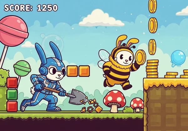 Two bunnies collaborating in coop mode